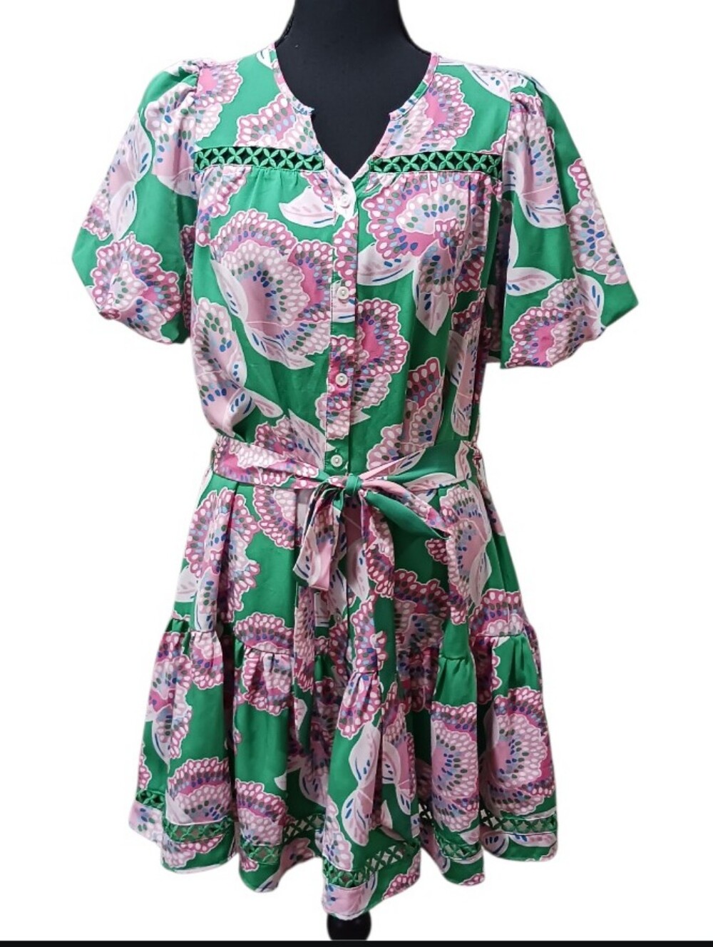 Mary Square Addison Bubble Sleeve Dress Lattice Trim - Picture 3 of 11